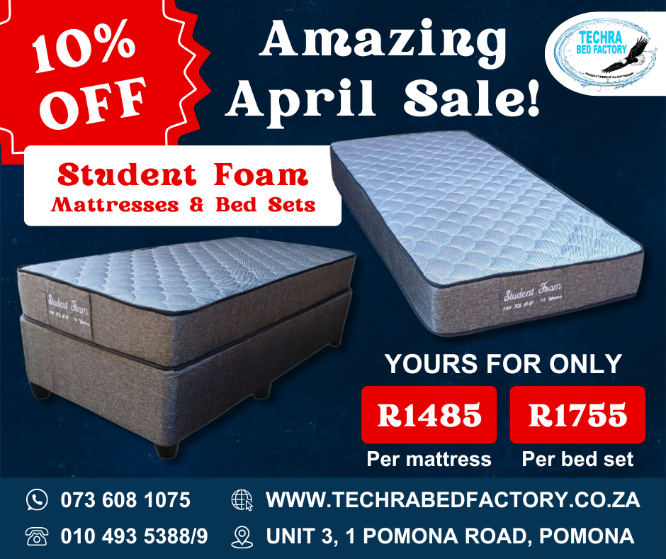 Student Foam Bed Set - Premium Mattress with Base from Techra Bed Factory - Student Accommodation - Just R 1755! Shop now at Techra Bed Factory 