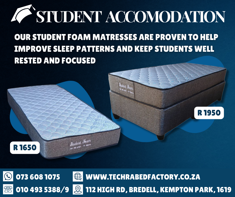 Student Foam Bed Set - Premium Mattress with Base from Techra Bed Factory - Student Accommodation - Just R 1755! Shop now at Techra Bed Factory 